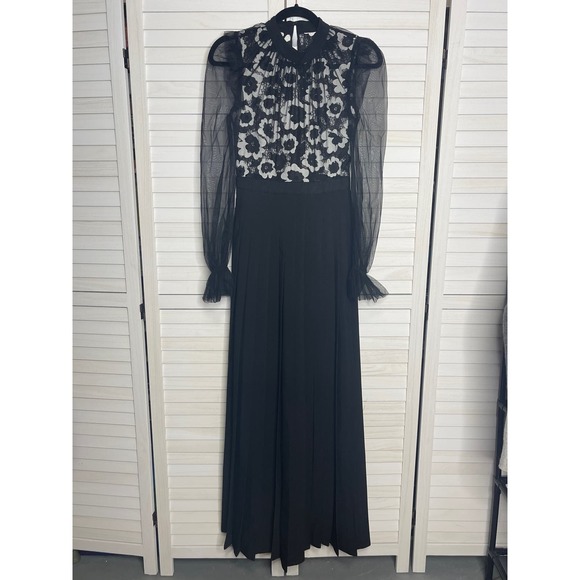 Self Portrait Floral Guipure 
ORGANDY OVERLAY LACE Dress Ivory Blk Gown SZ SM - Picture 5 of 12